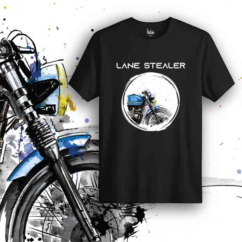 Lane Stealer Motorcycle T-Shirt (Black) – Front view of biker tee by Ink and Iron, featuring hand-drawn artwork inspired by high-speed lane-splitting and aggressive urban riding on premium cotton.