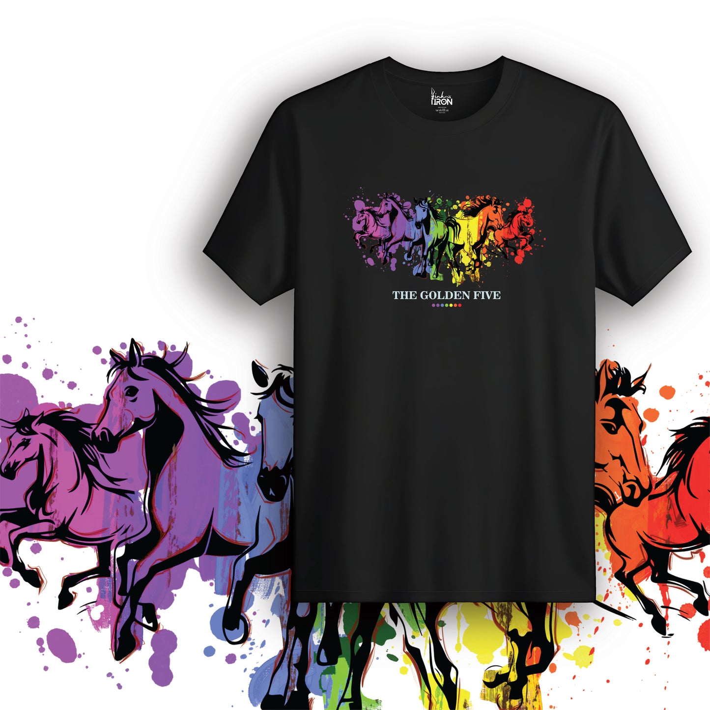 The Golden Five T-Shirt (Black) – Multicolor illustration of five galloping horses, evoking mythic symbolism and fierce motion, with “THE GOLDEN FIVE” text at center.