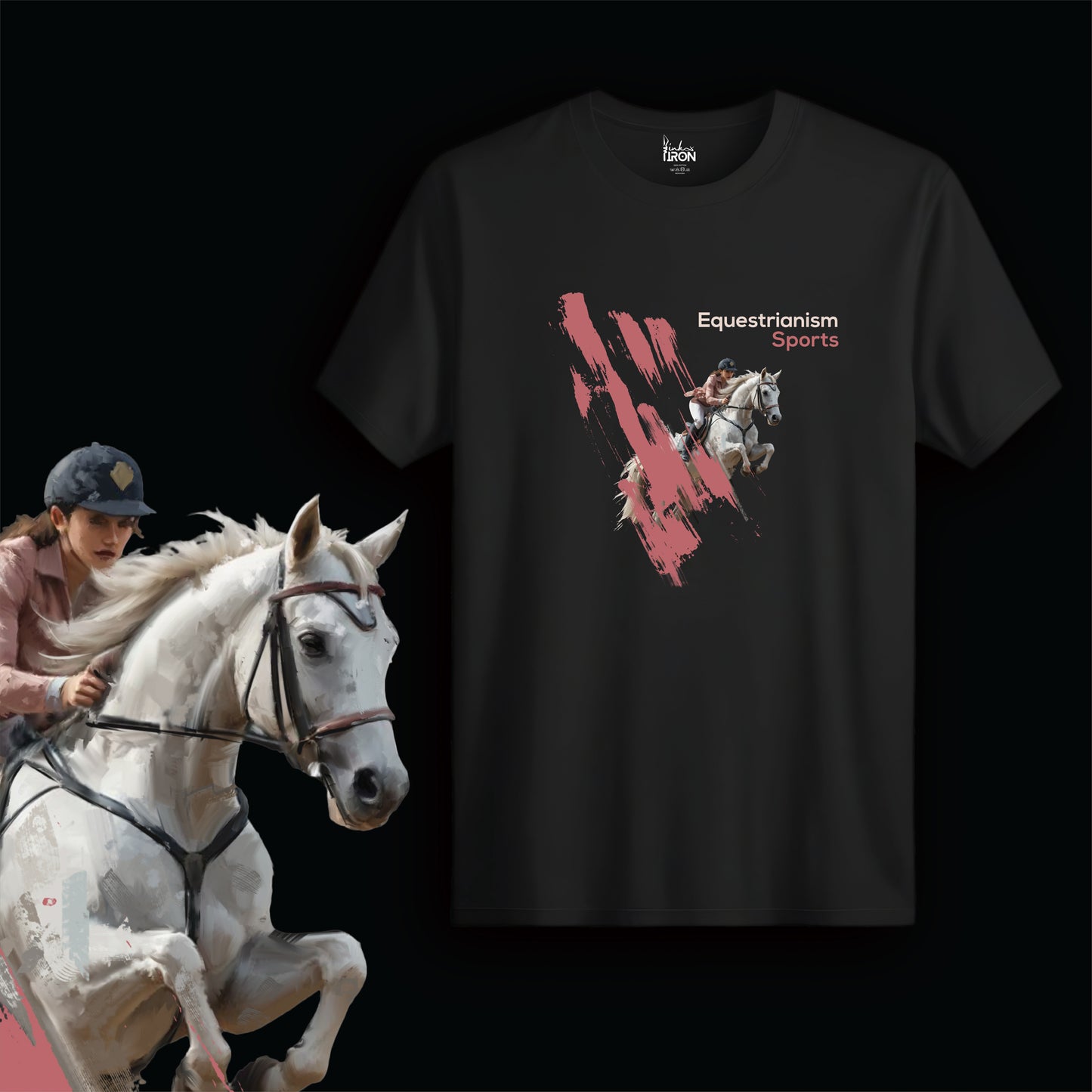The Equestrianism T-Shirt (Black) – Rider mid-jump on a white horse with red abstract strokes and “EQUESTRIANISM” text overhead.
