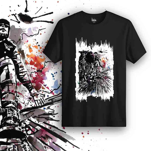 Wind Rider Motorcycle T-Shirt (Black) – Front view of biker tee by Ink and Iron, featuring hand-drawn artwork inspired by the freedom of the open road, wind in your face, and limitless adventure on premium cotton.