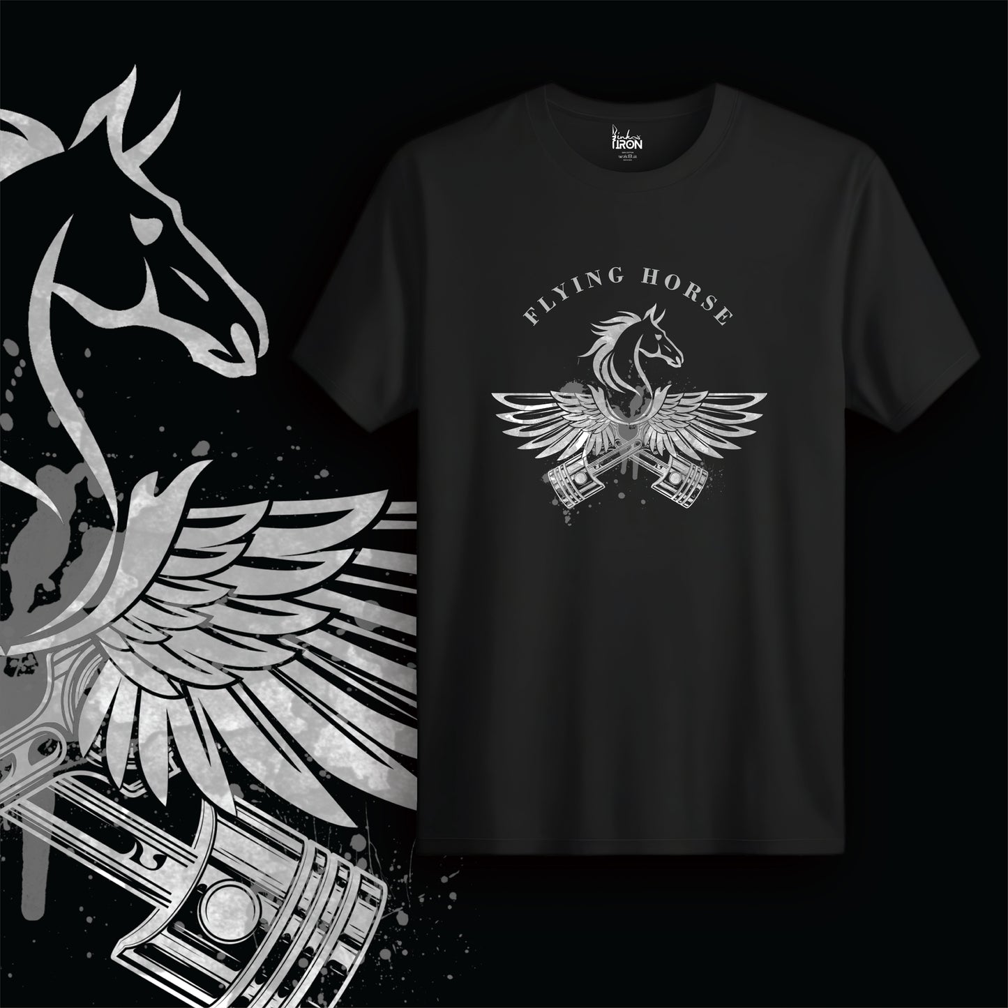 The Flying Horse T-Shirt (Black) – Grayscale design of a winged horse emerging from mechanical pistons, with “FLYING HORSE” text above.