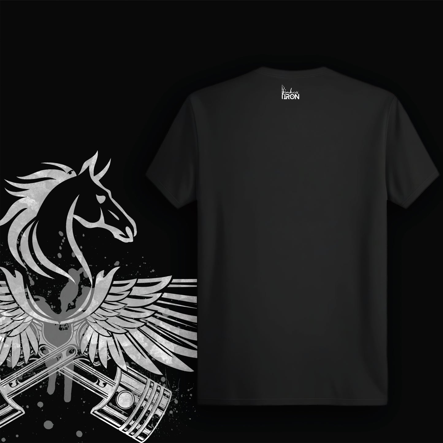 The Flying Horse T-Shirt (Black) – Plain black back panel for balance, keeping focus on the detailed mytho-industrial artwork in front.