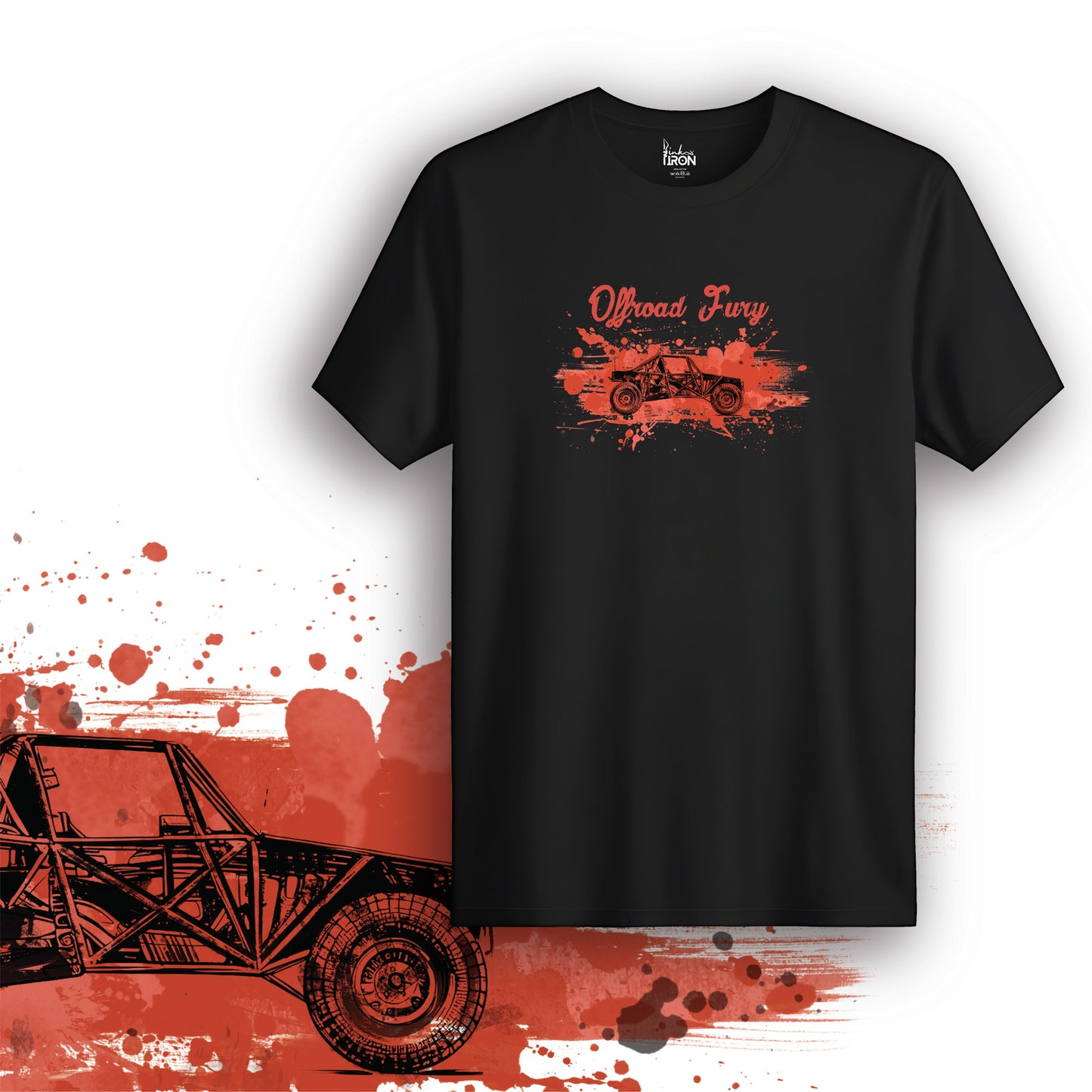 Offroad Fury T-Shirt (Black) – Red splattered illustration of a high-speed dune buggy in motion, built for adventure seekers.