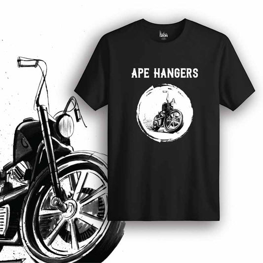 Ape Hangers Motorcycle T-Shirt (Black) – Front view of biker tee by Ink and Iron, featuring hand-drawn artwork inspired by high-handlebar chopper culture and old-school cruising on premium cotton.