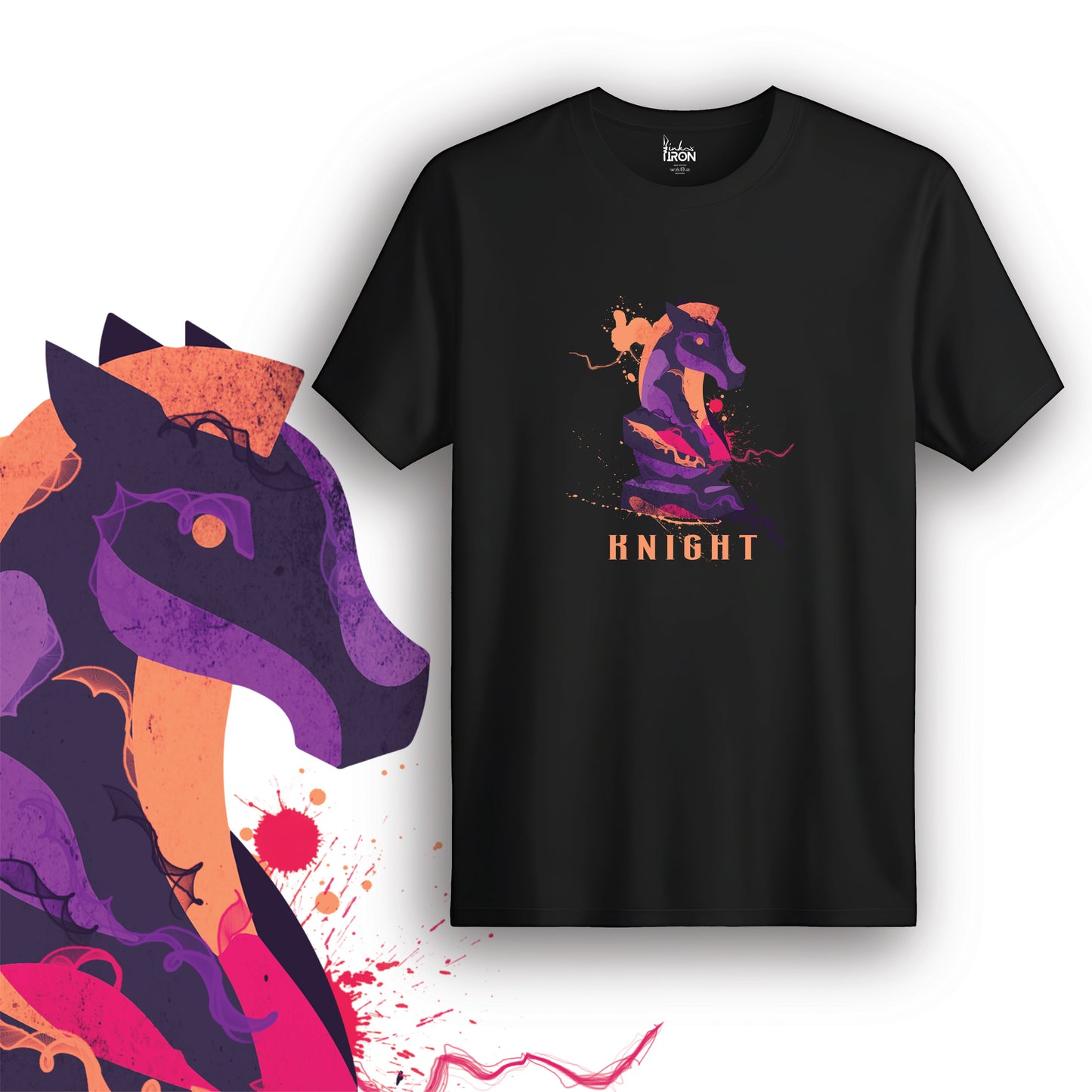 Knight T-Shirt (Black) – Bold and angular graphic of a stylized purple warhorse, shaped with the silhouette of a chess knight, with “KNIGHT” printed below.