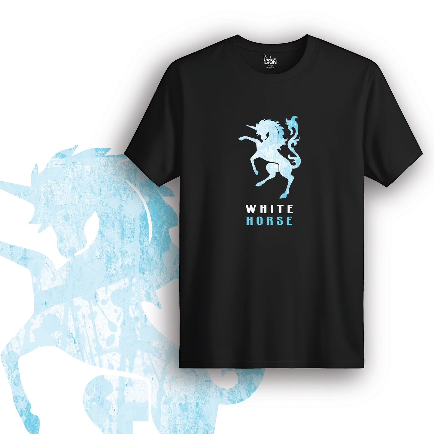 The White Horse T-Shirt (Black) – Light blue silhouette of a rearing horse with “WHITE HORSE” in block font below.