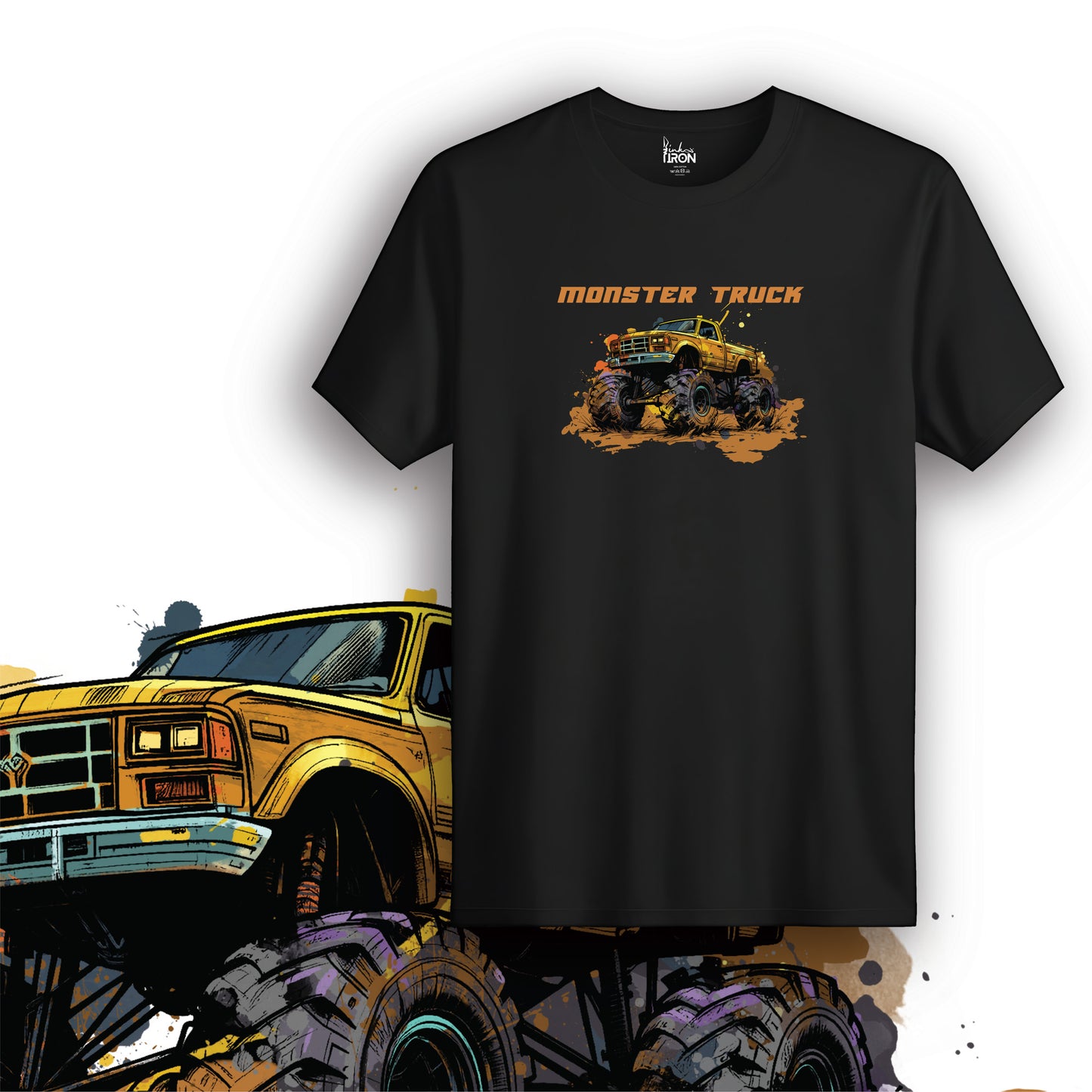 Monster Truck T-Shirt (Black) – Bold off-road graphic tee featuring a lifted yellow truck with massive tires, dynamic splatter effects, and "MONSTER TRUCK" text.