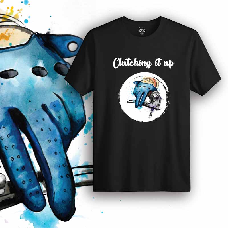 Clutching It Up Motorcycle T-Shirt (Black) – Front view of biker tee by Ink and Iron, featuring hand-drawn artwork inspired by stunt riding, wheelie control, and the art of mastering the clutch on premium cotton.