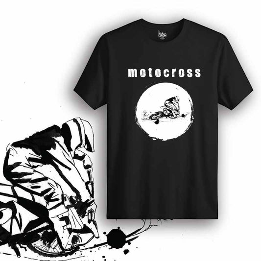 Motocross Motorcycle T-Shirt (Black) – Front view of biker tee by Ink and Iron, featuring hand-drawn artwork inspired by off-road racing, dirt bike jumps, and high-adrenaline motocross action on premium cotton.