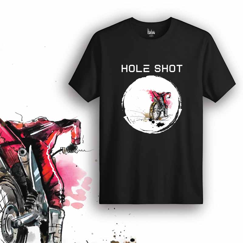 Hole Shot Motorcycle T-Shirt (Black) – Front view of biker tee by Ink and Iron, featuring hand-drawn artwork inspired by motocross race starts, explosive acceleration, and speed dominance on premium cotton.