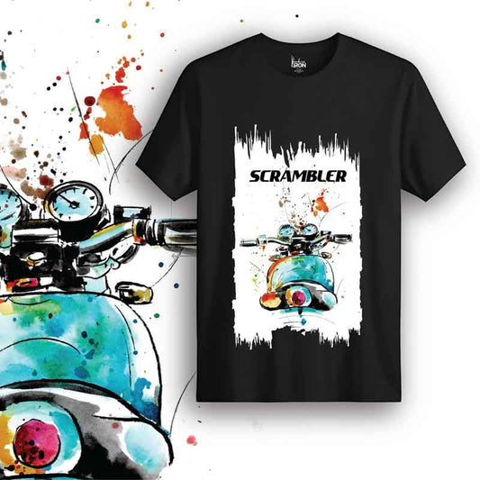 Scrambler Motorcycle T-Shirt (Black) – Front view of adventure-inspired biker tee by Ink and Iron, featuring a hand-drawn design on premium cotton.