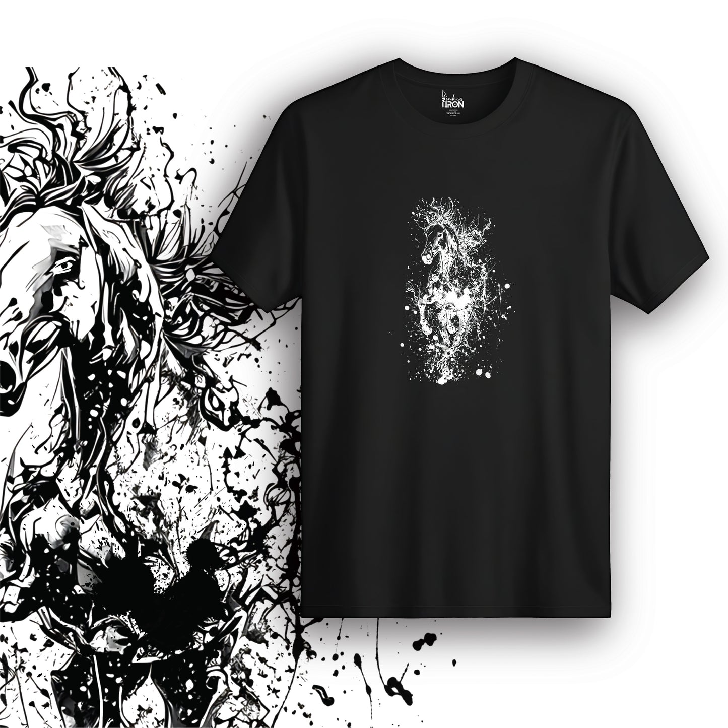 Storm Horse T-Shirt (Black) – Galloping horse bursting through an ink-splatter storm, white on black for high contrast and maximum drama.