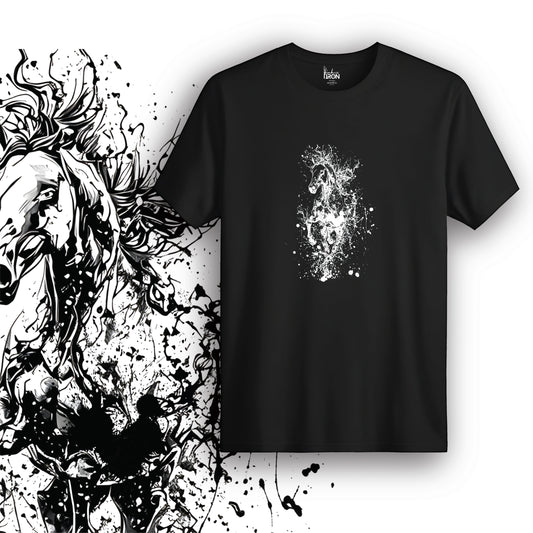 Storm Horse T-Shirt (Black) – Galloping horse bursting through an ink-splatter storm, white on black for high contrast and maximum drama.