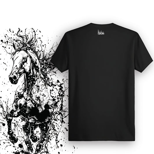 Storm Horse T-Shirt (Black) – Stylized explosion motif below neckline echoing the front's wild energy, designed for all-day urban grit and comfort.