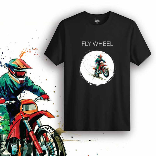 Flywheel Motorcycle T-Shirt (Black) – Front view of biker tee by Ink and Iron, featuring hand-drawn artwork inspired by rotational power, mechanical precision, and the momentum that drives every ride on premium cotton.