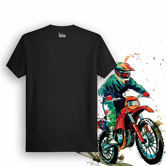 Flywheel Motorcycle T-Shirt (Black) – Back view of biker tee by Ink and Iron, with minimal yet bold design celebrating smooth power transfer, endurance, and high-performance mechanics on soft, breathable cotton.