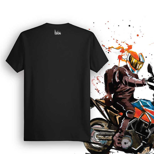 Adventure Motorcycle T-Shirt (Black) – Back view of biker tee by Ink and Iron, with minimal yet bold design celebrating off-road trails, endless highways, and the freedom of adventure riding on soft, breathable cotton.