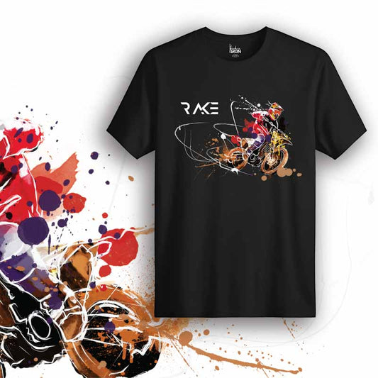 Rake Motorcycle T-Shirt (Black) – Front view of biker tee by Ink and Iron, featuring hand-drawn artwork inspired by custom choppers, extended front forks, and classic raked-out motorcycle design on premium cotton.