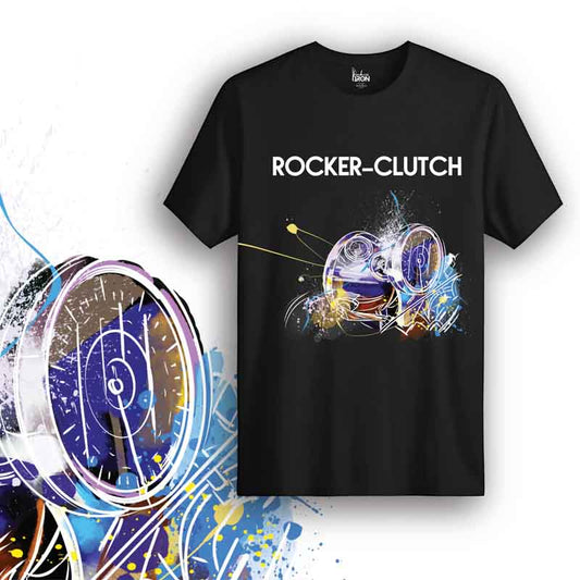 Rocker Clutch Motorcycle T-Shirt (Black) – Front view of biker tee by Ink and Iron, featuring hand-drawn artwork inspired by vintage foot-clutch motorcycles, old-school mechanics, and classic riding heritage on premium cotton.