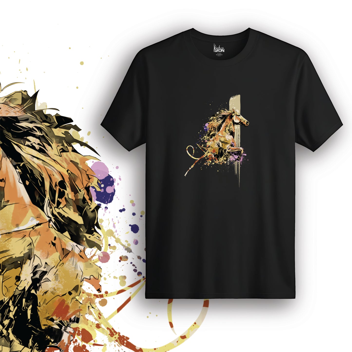 Golden Horse T-Shirt (Black) – Front print features a golden stallion in motion, set against bold vertical brushwork and fluid abstract strokes in earthy tones.