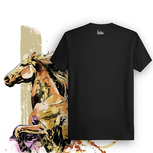 Golden Horse T-Shirt (Black) – Solid back with a detailed, neck-top accent of the horse’s eye and mane for a subtle yet powerful finish.