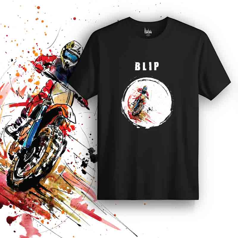 Blip Motorcycle T-Shirt (Black) – Front view of biker tee by Ink and Iron, featuring hand-drawn throttle blip-inspired artwork on premium cotton.