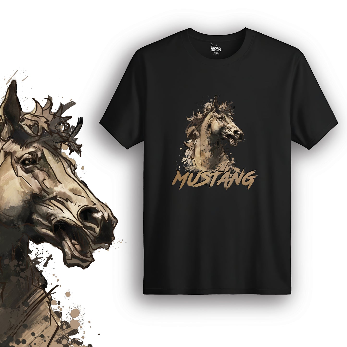 Mustang T-Shirt (Black) – Striking graphic of a charging mustang horse with flowing mane and earthy tones, paired with rugged "MUSTANG" text.