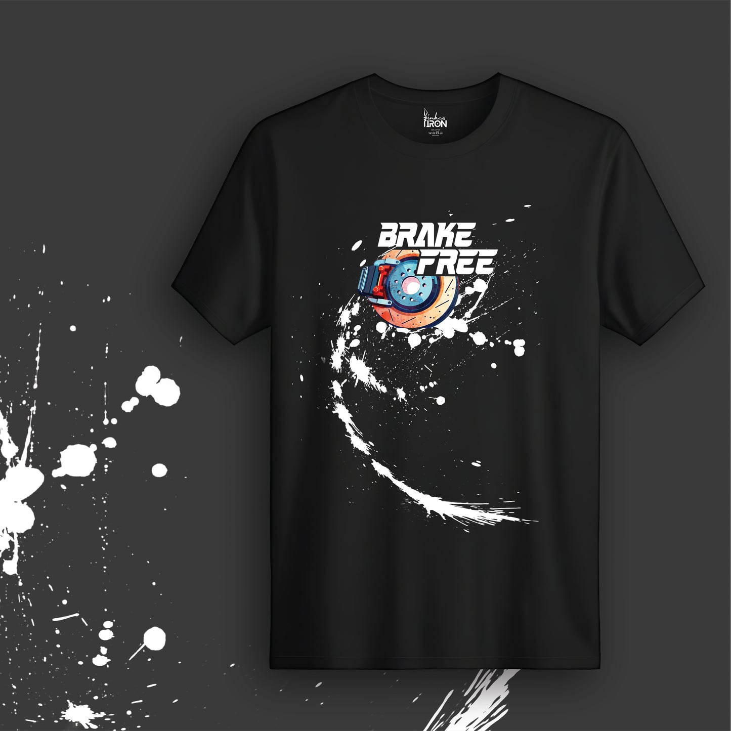 Brake Free T-Shirt (Black) - Features a tire-drift graphic in motion, accented with a vivid red-blue target and “Brake Free” text across the chest.