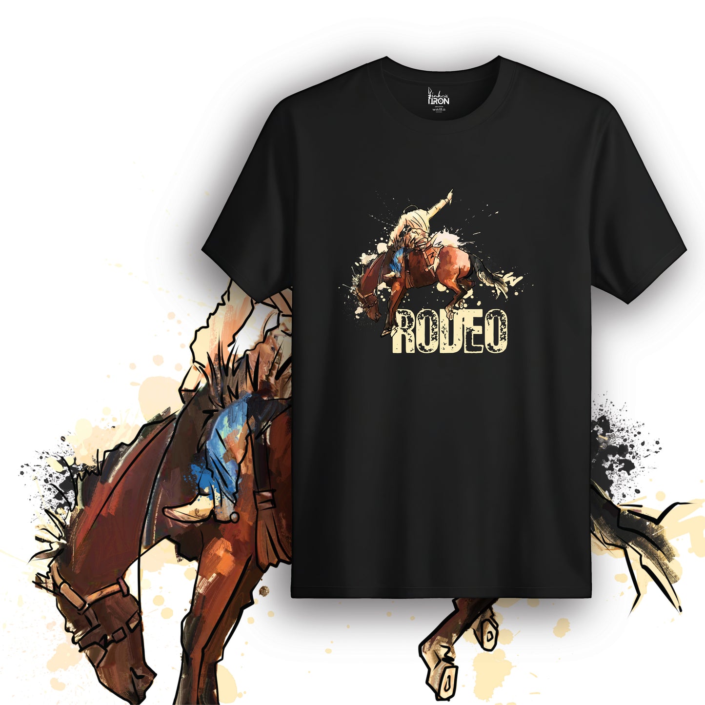 Rodeo T-Shirt (Black) – Bold graphic featuring a bronco rider mid-buck with distressed "RODEO" lettering and high-energy color splashes.