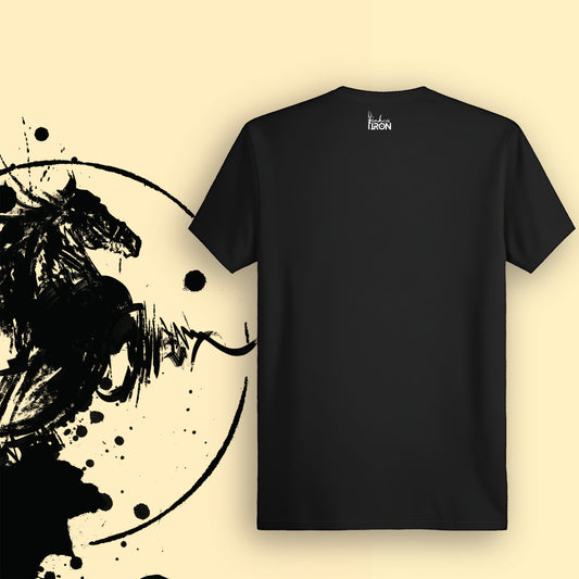 Chetak Horse T-Shirt (Black) – Plain back with circular ink detailing below neckline, echoing the front’s motion and balance, crafted for durability and ease.