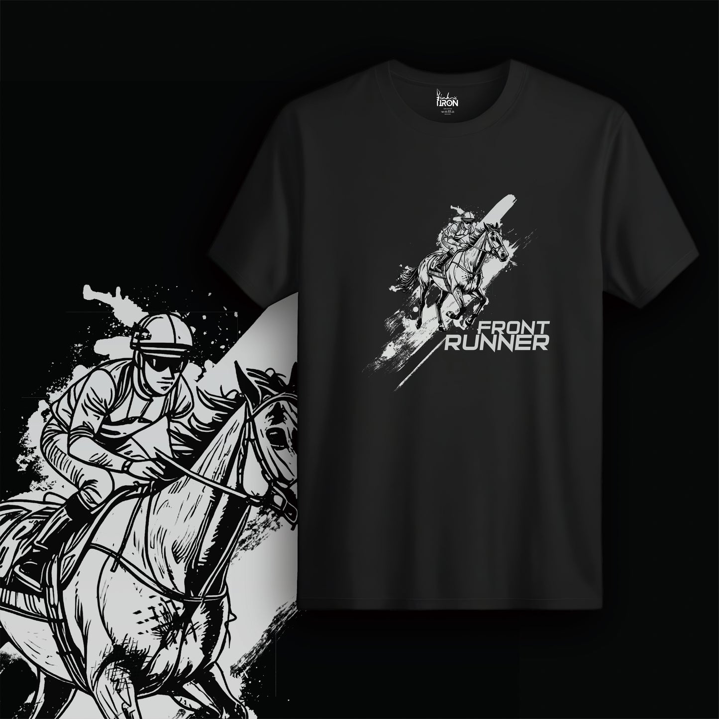 Front Runner T-Shirt (Black) β High-contrast artwork of a galloping racehorse with jockey, flanked by bold "FRONT RUNNER" typography and streak motion effects.