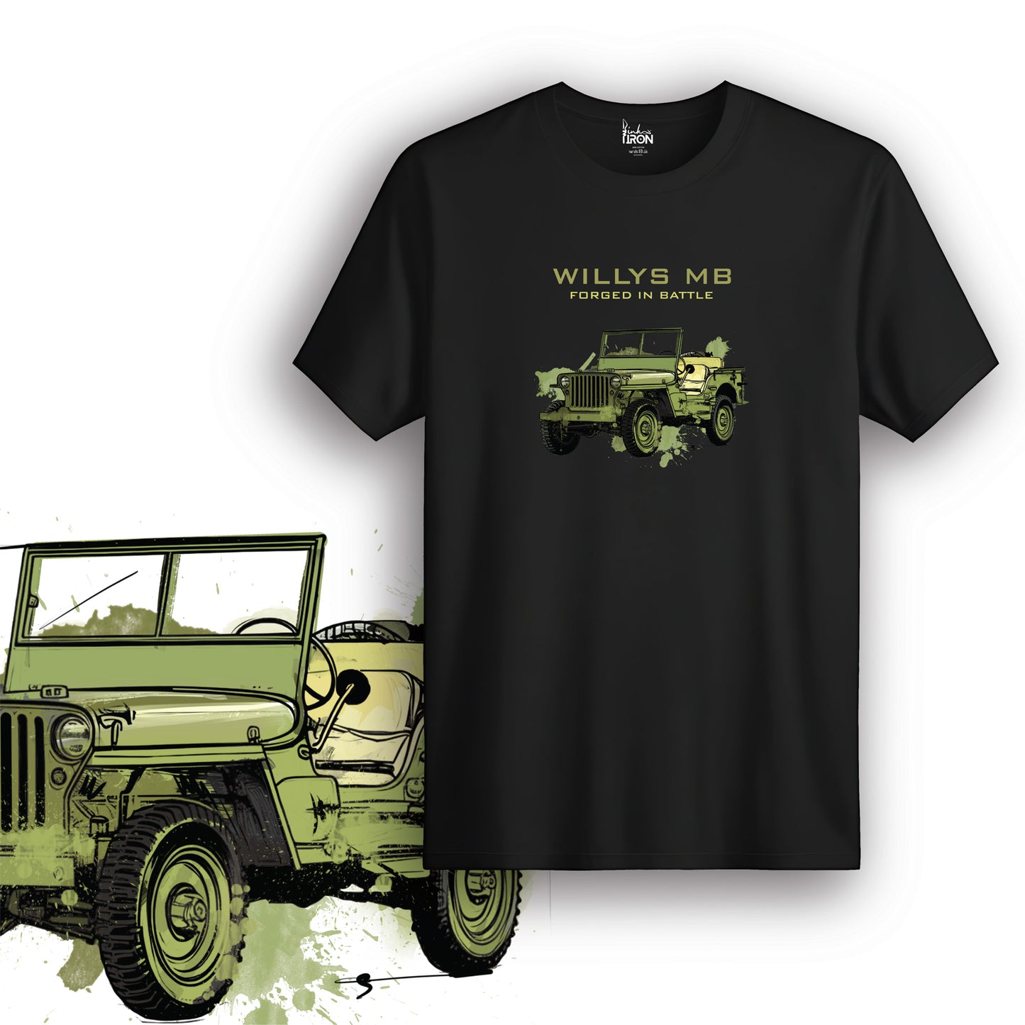 Willys MB T-Shirt (Black) – Vintage military-inspired tee featuring a hand-drawn Willys MB Jeep with a rugged, artistic finish.