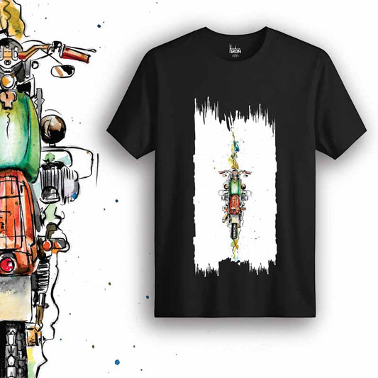 God’s-Eye View Motorcycle T-Shirt (Black) – Front view of biker tee by Ink and Iron, featuring hand-drawn aerial perspective-inspired artwork symbolizing freedom and limitless vision on premium cotton.
