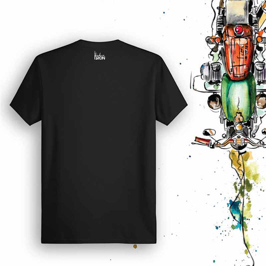 God’s-Eye View Motorcycle T-Shirt (Black) – Back view of biker tee by Ink and Iron, with minimal yet bold design capturing the essence of seeing the road from above on soft, breathable cotton.