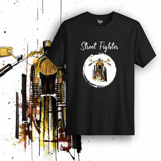 Street Fighter Motorcycle T-Shirt (Black) – Front view of biker tee by Ink and Iron, featuring hand-drawn urban riding-inspired artwork symbolizing speed, agility, and fearless street riding on premium cotton.