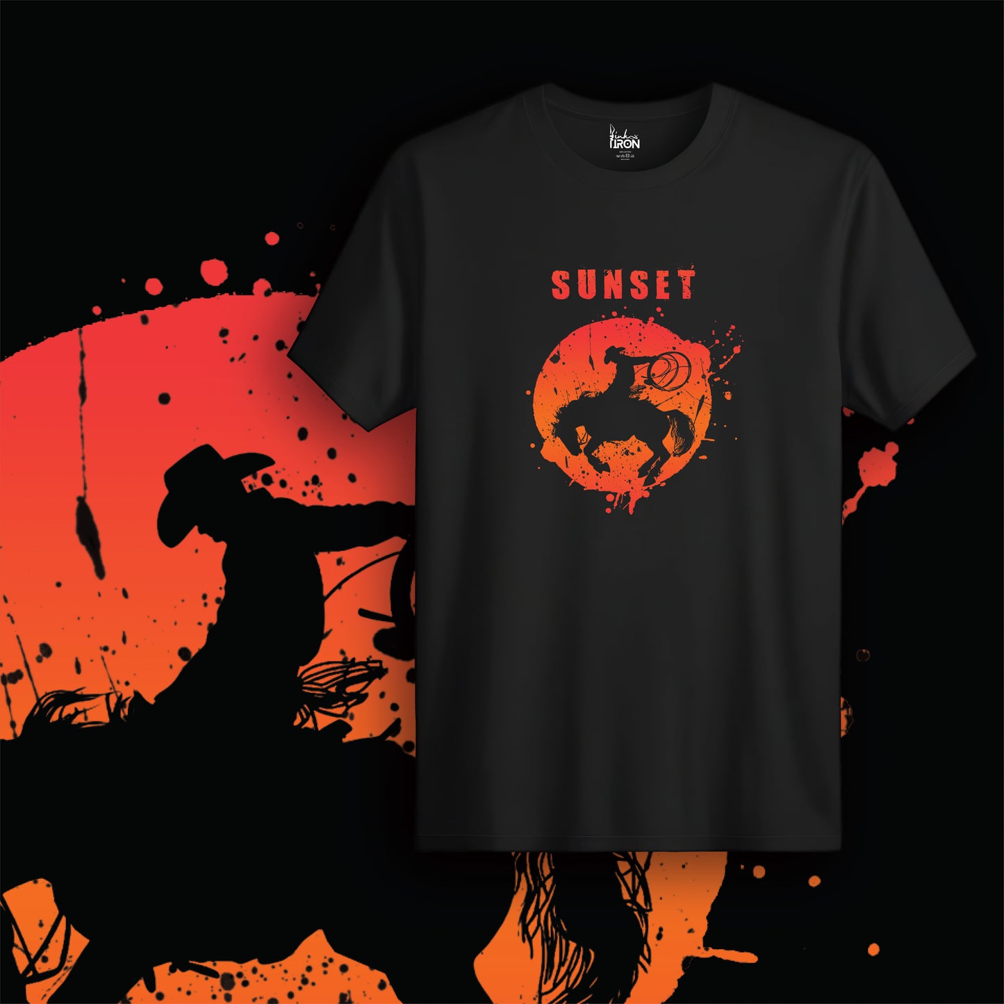 Black T-Shirt with a circular red-orange sunset graphic and silhouetted galloping horses beneath the text "SUNSET".