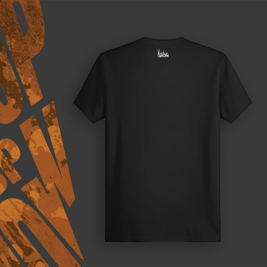 Gallop Up T-Shirt (Black) - Features a dynamic downward triangle design with bold “Gallop Up” typography in burnt orange.