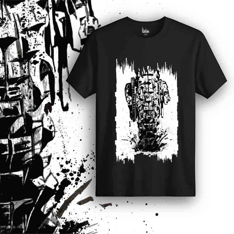 Knobbies Motorcycle T-Shirt (Black) – Front view of biker tee by Ink and Iron, featuring hand-drawn off-road tire-inspired artwork symbolizing grip, traction, and adventure on premium cotton.