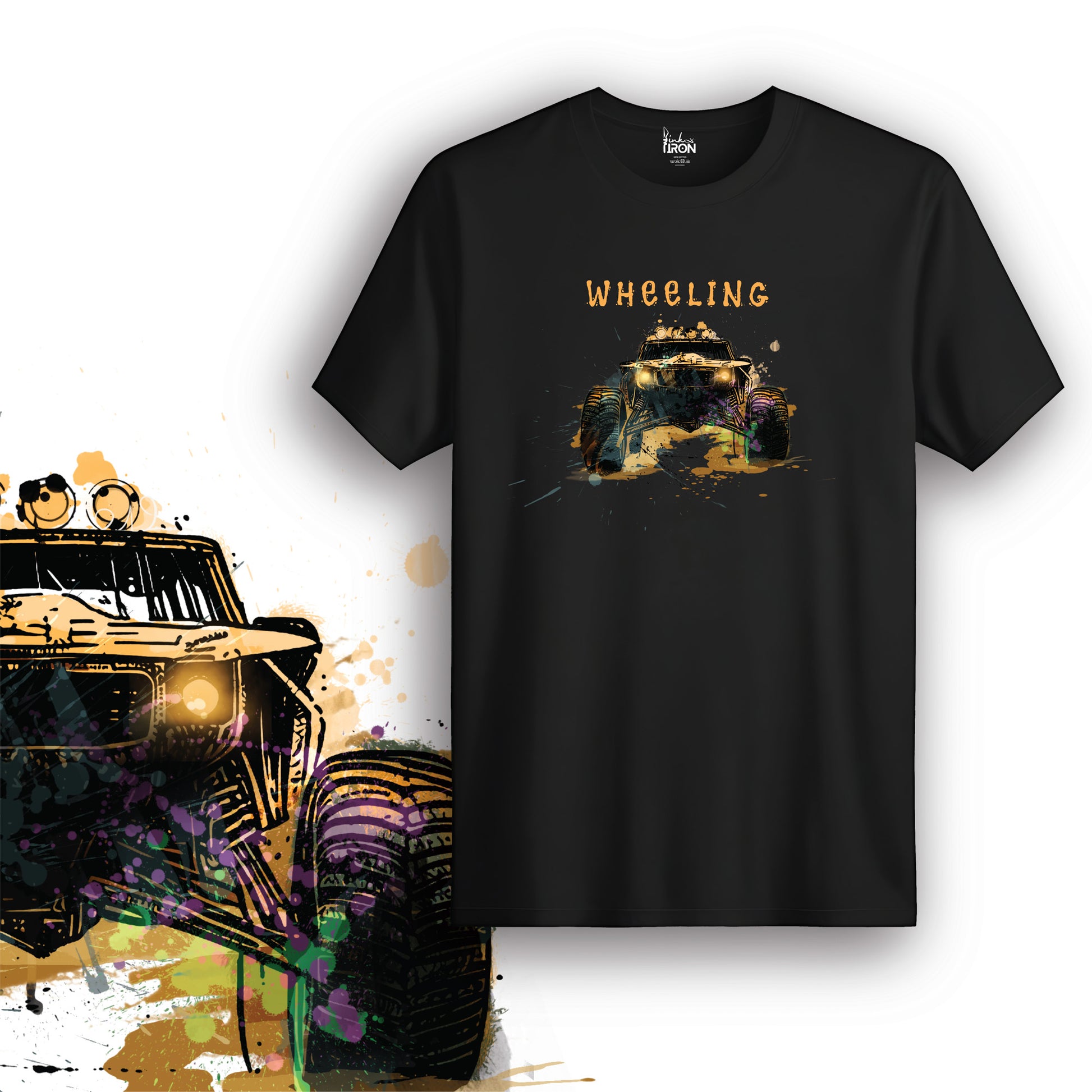 Wheeling T-Shirt (Black) – Rugged rock crawler T-shirt featuring a bold off-road vehicle design with splatter art and “Wheeling” text.