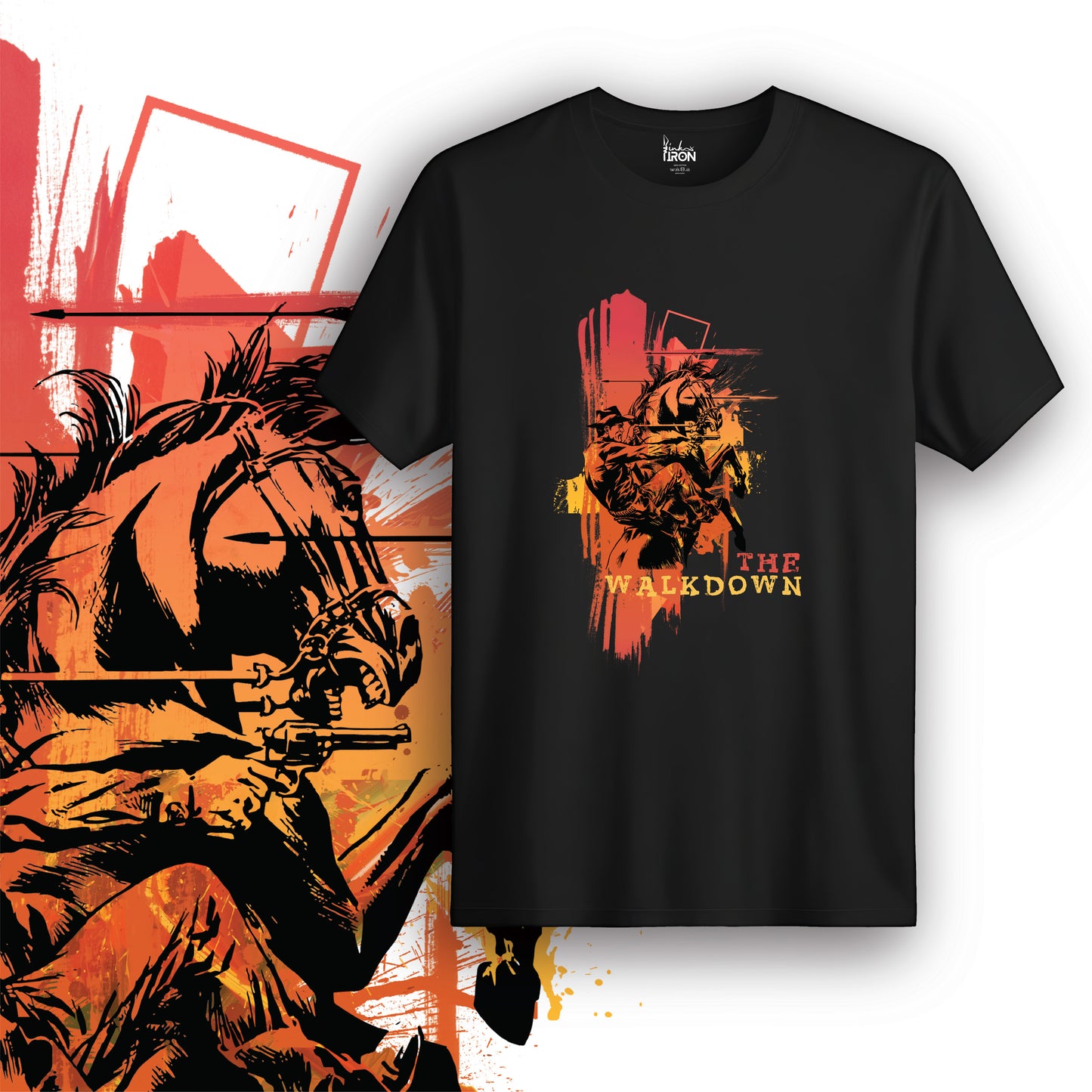 The Walkdown T-Shirt (Black) – Striking illustration of a bold horse and rider in burnt orange and ochre tones, layered with expressive brush textures and text for a grounded, intense mood.
