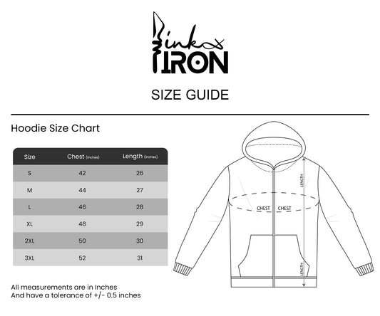 Hoodie size chart with measurements and Ink and Iron logo on a white background