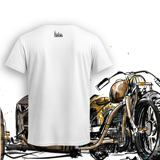 Side Hack Motorcycle T-Shirt (White) – Back view of a clean, minimalist design with subtle Ink and Iron branding on soft, breathable cotton.