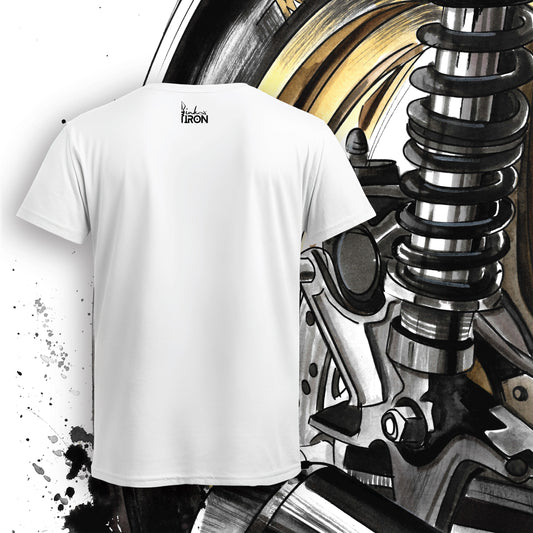 Rotor Motorcycle T-Shirt (White) – Back view of a minimalist, clean design with subtle Ink and Iron branding on soft, breathable cotton.