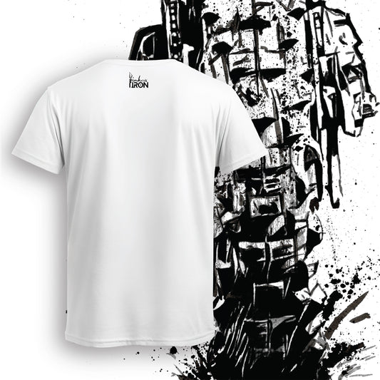 Knobbies Motorcycle T-Shirt (White) – Back view of a clean, minimalist design with subtle Ink and Iron branding on soft, breathable cotton.