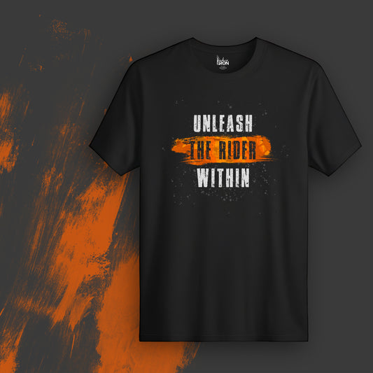 Unleash The Rider Within T-Shirt (Black) - Features a distressed moto-style graphic with high-impact typography.