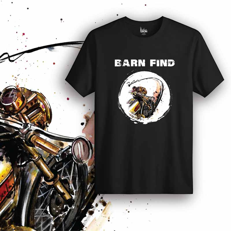 Barn Find Motorcycle T-Shirt (Black) – Front view of biker tee by Ink and Iron, featuring hand-drawn artwork inspired by vintage motorcycle discoveries and classic restoration culture on premium cotton.
