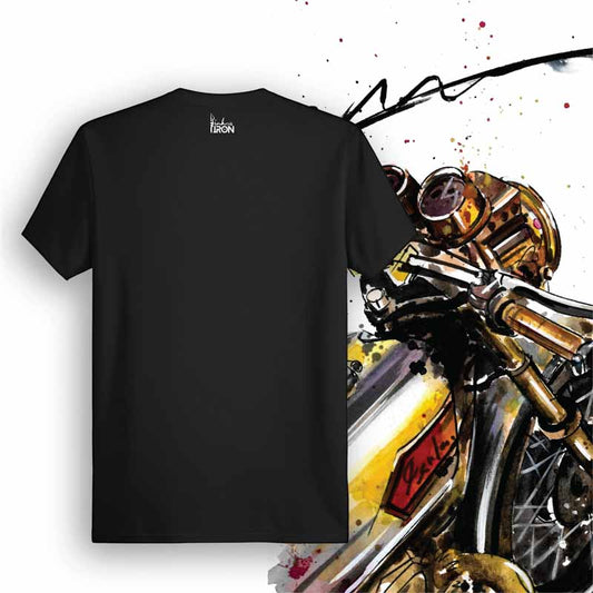 Barn Find Motorcycle T-Shirt (Black) – Back view of biker tee by Ink and Iron, with minimal yet bold design celebrating the thrill of uncovering and restoring lost motorcycle treasures on soft, breathable cotton.
