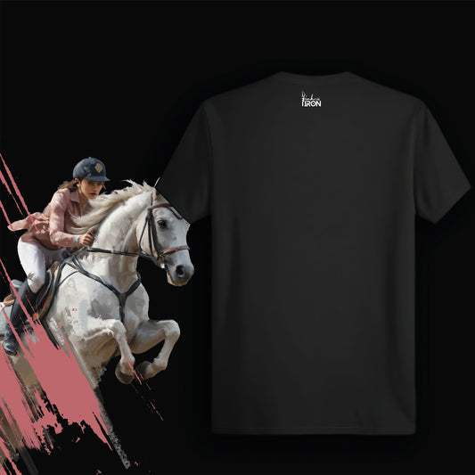 The Equestrianism T-Shirt (Black) – Plain black back with minimal detail, keeping the focus on the intense front artwork.
