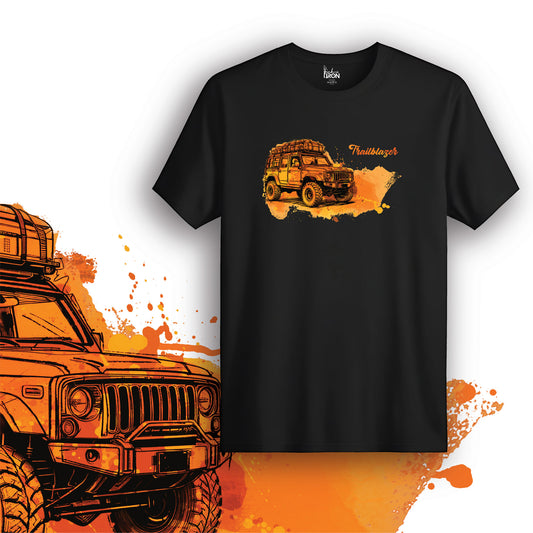 Trailblazer T-Shirt (Black) – Classic off-road adventure tee with a brown expedition SUV and rugged terrain illustration.