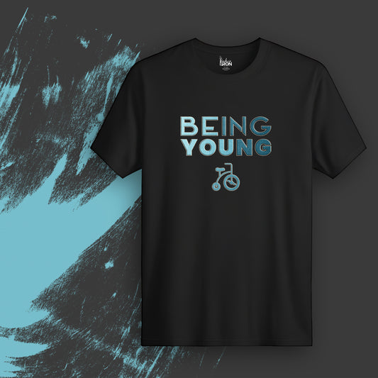 Being Young T-Shirt (Black) - Front view featuring a clean, urban cycling graphic printed on premium breathable cotton.